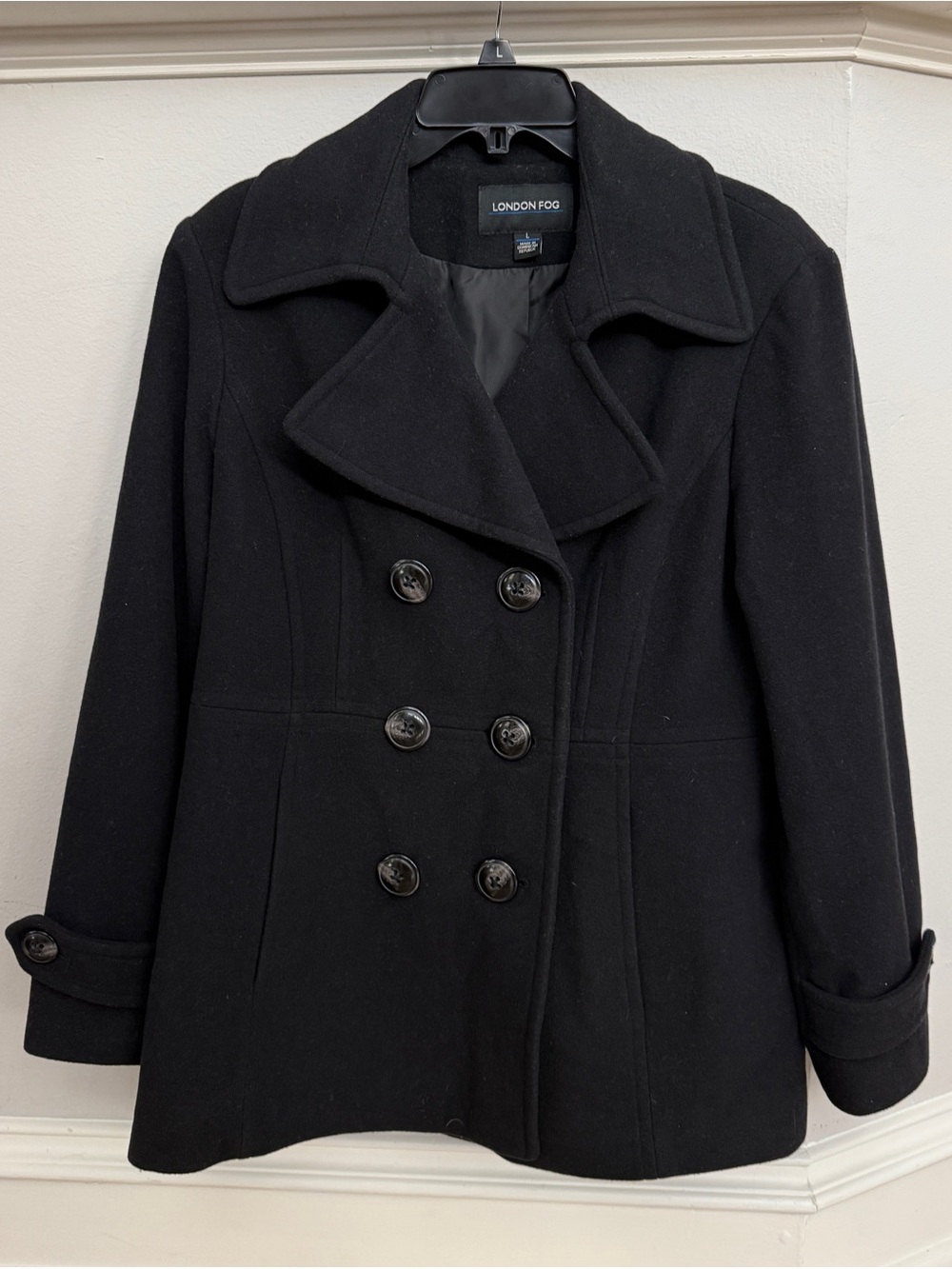 London Fog Black Double-Breasted Wool-Blend Pea Coat
